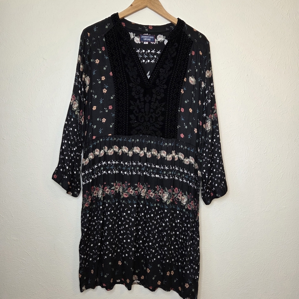 Johnny Was Workshop Dark Floral Boho Tunic Dress Velvet Embroidered Size L